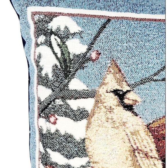 Vtg Cardinal Needlepoint Accent Throw Pillow Winter Forest Blue Red Birds - Picture 4 of 7